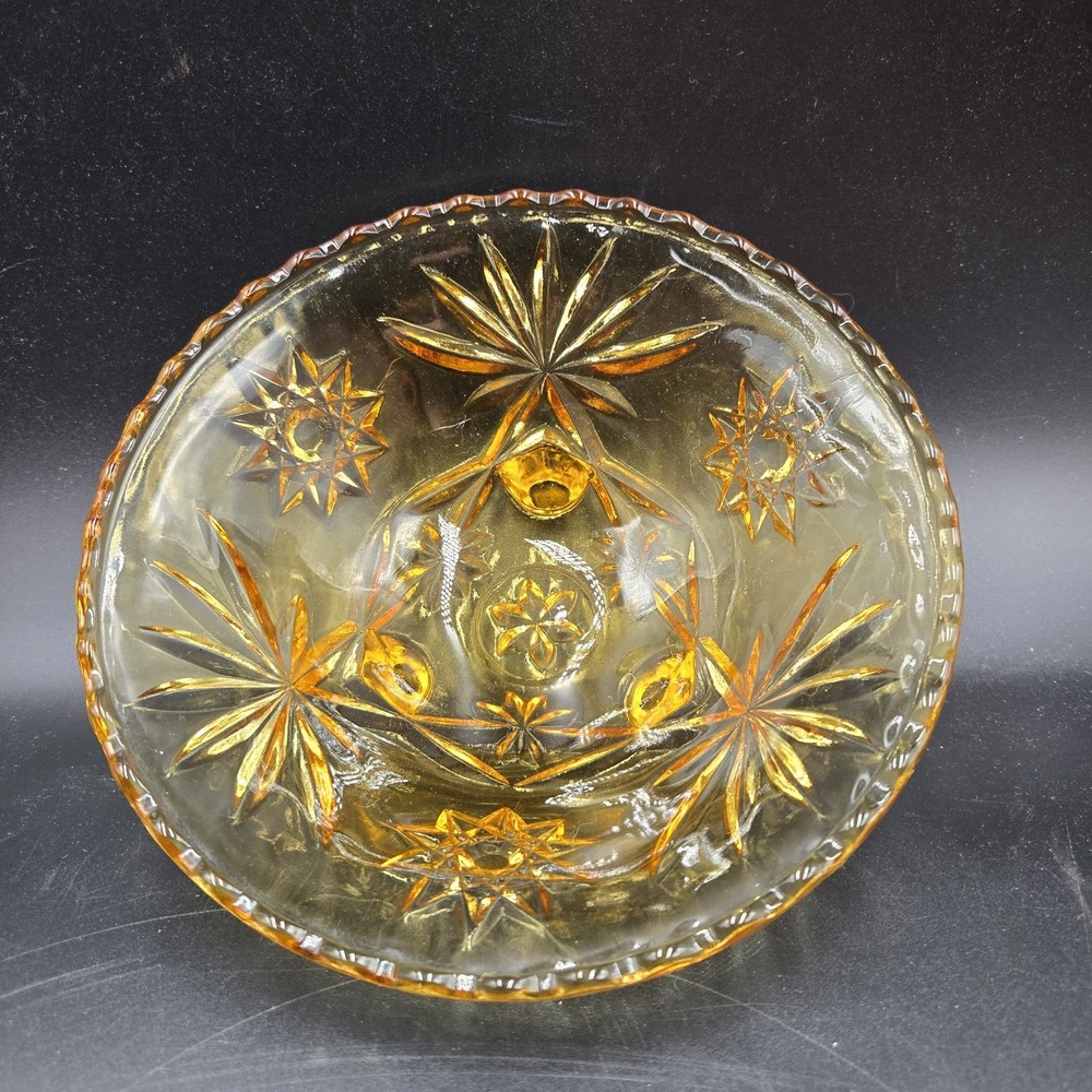 Vtg Anchor Hocking Amber Starburst Star of David‎ 3 Legged Scalloped Glass Bowl